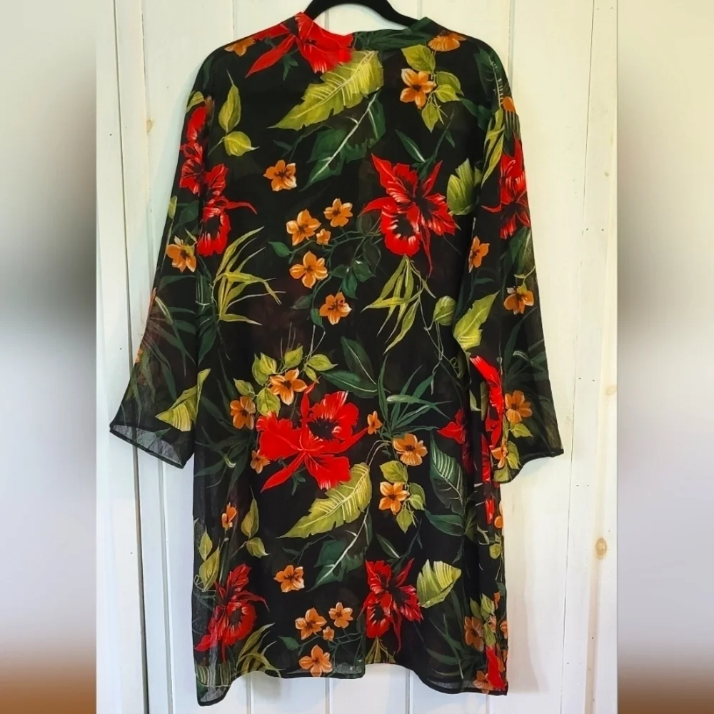 Susan Graver Tropical Print Sheer Button Front Tunic Cover-up